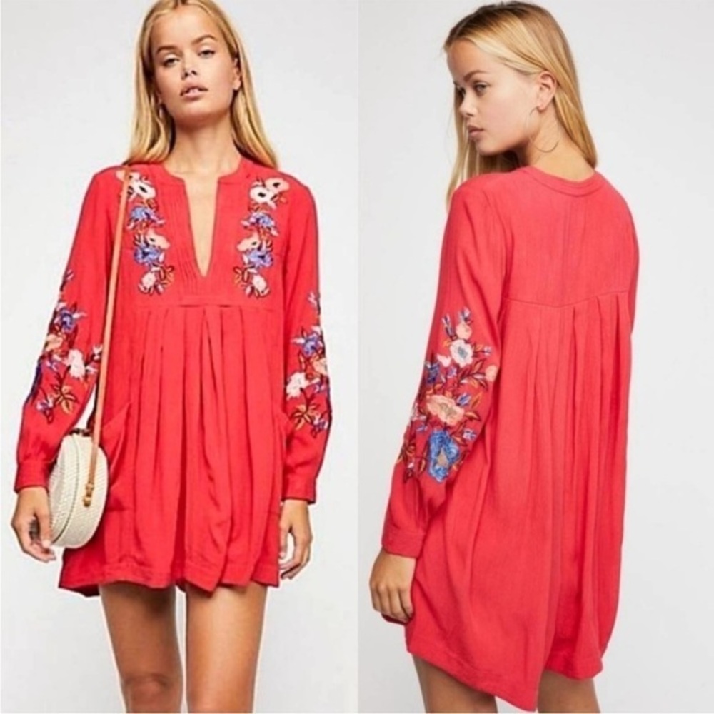 Free People Mia Gauze Embroidered Floral Print Mini Dress